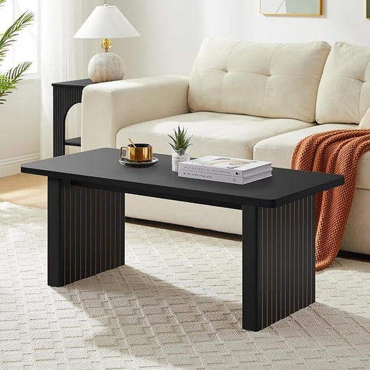 AVZEAR 43Inch Fluted Wooden Coffee Table for Living Room, Mid Century Modern Coffee Table with Sturdy Fluted Legs & Rounded Corner, Curved Rectangle Center Table for Home, Office, Cafe, Black