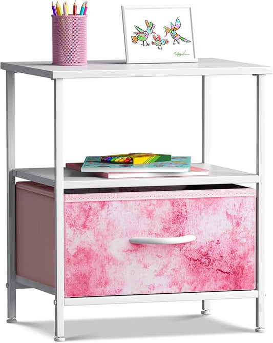 Sorbus 1 Drawer Shelf Storage Nightstand - Kids Bedside Furniture End Table Night Stand with Steel Frame Wood Top & Easy Pull Fabric Bins. Dresser & Chest for Home Bedroom Accessories Office & College