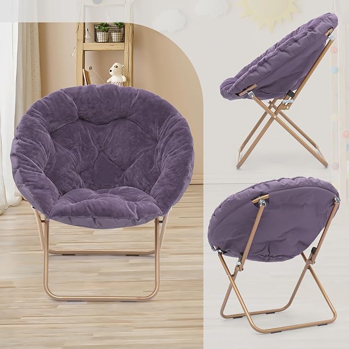 Athena Collection Saucer Chair with Ottoman - Modern Foldable Round Cozy Chair - Purple Faux Fur - 300 lbs Capacity - Ideal for Bedroom, Living Room, Gaming, Reading, Camping
