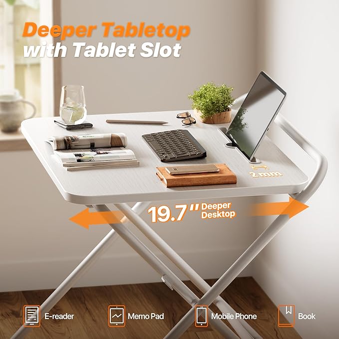 Huuger Folding Desk with 3-Level Adjustable Height and Tablet Slot, 24 Inch Foldable Computer Desk for Small Spaces, Space Saving, Writing Work Table for Home Office, Bedroom, Study, White
