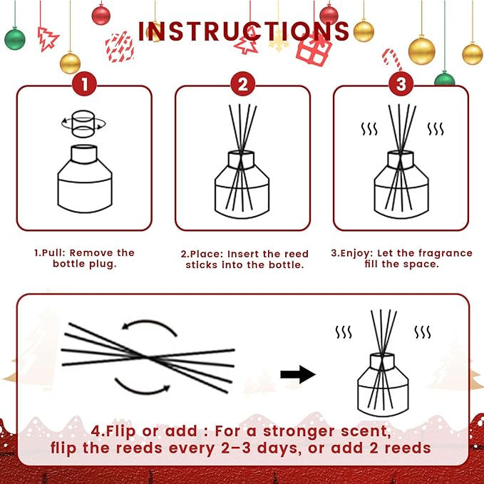 Brakula Christmas Reed Diffuser and Candles Set, 2 Pack/Total 8 oz, Fireside Juniper & Balsam Scented, 6 Diffuser Sticks with Christmas Bottle Design, Home Decor Bedroom Living Room Office