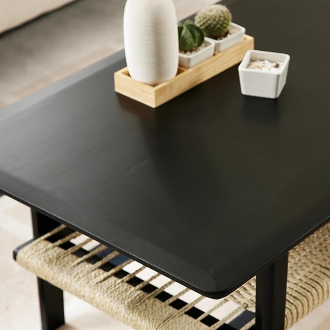 Farmhouse Coffee Table with Rattan Storage Boho Mid Centry Modern Center Table with Under Shelf Wood Living Room Table with Woven Shelf Underneath for Living Room Lounge, Black