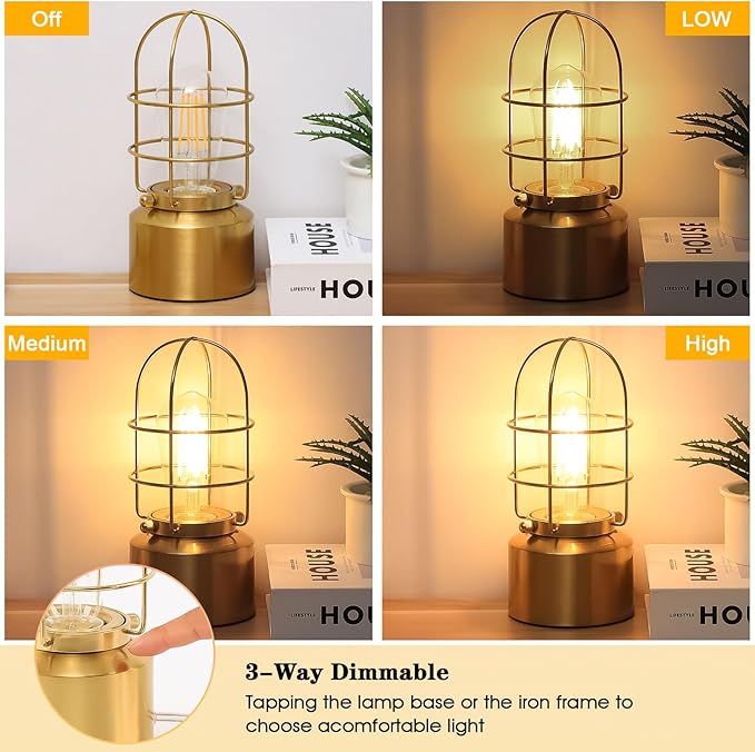Haian Support Small Touch Gold Table Lamp for Small Spaces - 3 Way Dimmable Industrial Bedside Lamp - Steampunk Antique Nightstand Desk for Bedroom, Living Room (Bulb Included)