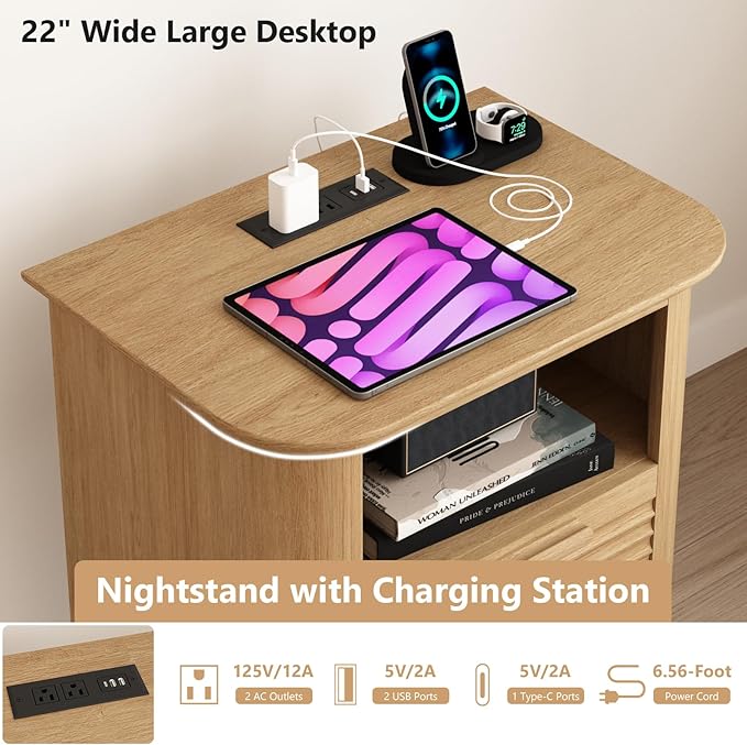 22'' Fluted Nightstand with Charging Station, Modern End Table with 2 Drawers and Open Storage, Wood Night Stand with Round Corner, Side Bedside Table for Bedroom, Living Room, Curved Profile,Natural