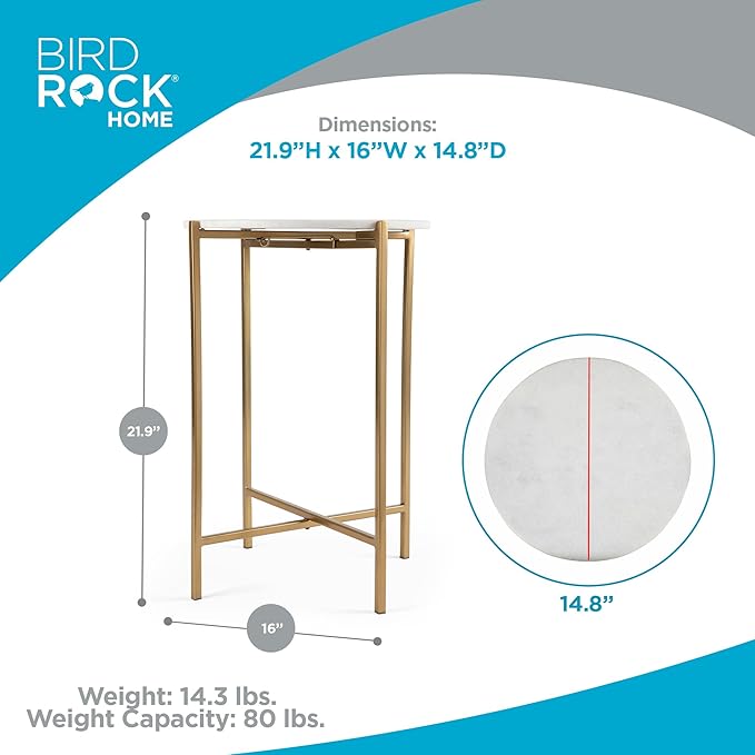 BIRDROCK HOME Folding Side Table with Marble Top - Metal Foldable Nightstand - Indoor Use Only - Bar Coffee Drinks Food Serving Tray - Decorative Modern End Accent (Marble Top with Gold Legs)