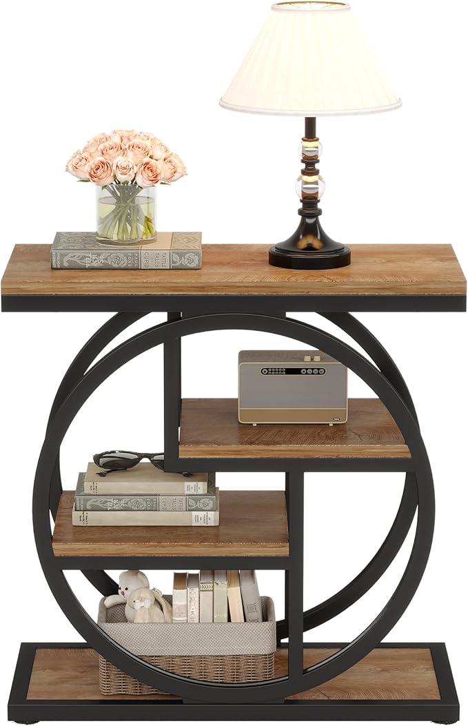 Tribesigns End Table for Living Room, 4-Tier Narrow Side Table with Storage Shelves, Industrial Bedside Table for Bedroom, Wood Small Sofa Side Table with Geometric Metal Frame (1 PC, Natural Brown)