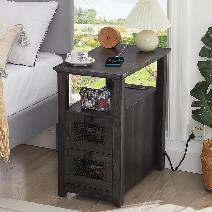 Farmhouse XXL End Table with Charging Station, Narrow Side Table with USB Ports and Outlets, Nightstand with 2 Drawers Storage, Grey Bedside Tables for Living Room, Bedroom