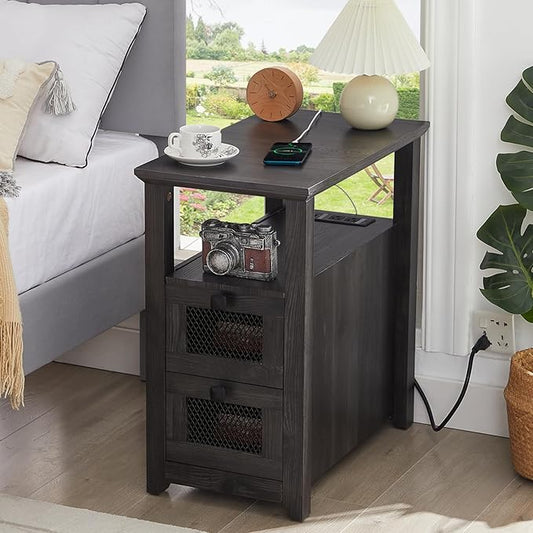 Farmhouse XXL End Table with Charging Station, Narrow Side Table with USB Ports and Outlets, Nightstand with 2 Drawers Storage, Grey Bedside Tables for Living Room, Bedroom