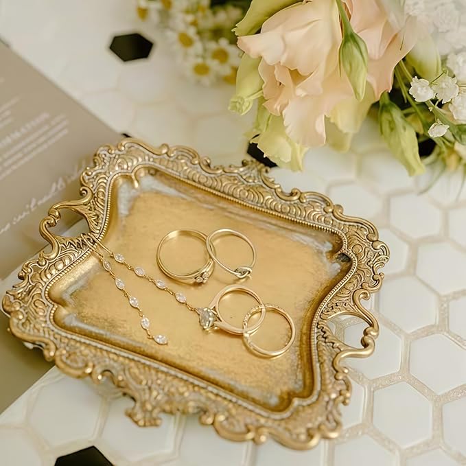 Small Antique Tray Jewelry Ring Dish, French Decor Gold Vintage Trinket Jewelry Holder, Antique Home Decor Display Trays Gifts for Women, Wedding, Birthday, for Women