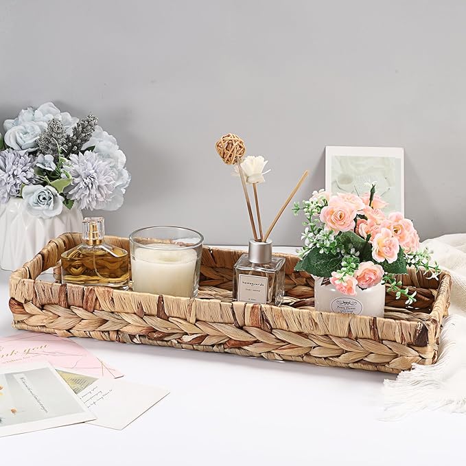 Hipiwe Wicker Toilet Tank Basket 16.9 Inch Bathroom Vanity Tray for Long Back of Toilet, Rectangle Woven Hyacinth Decorative Countertop for Paper Hand Towel