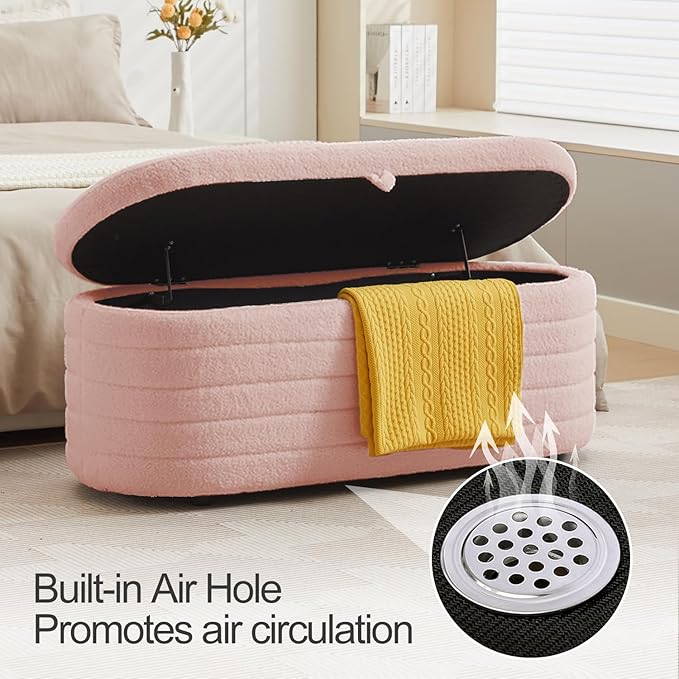 Storage Ottoman Bench End of Bed for Bedroom,45 inch Boucle Upholstered Entryway Shoe Seat Bench w/ Storage,Sherpa Modern Cute Padded Blanket Chest Stool Foot Rest for Living Room,Window Seating, Pink