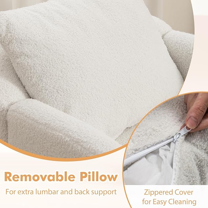 Giantex Sherpa Accent Chair, Modern Upholstered Single Sofa Chair with Back Pillow & Solid Rubber Wood Legs, Teddy Barrel Arm Chair for Reading, Living Room, Bedroom, Office, White