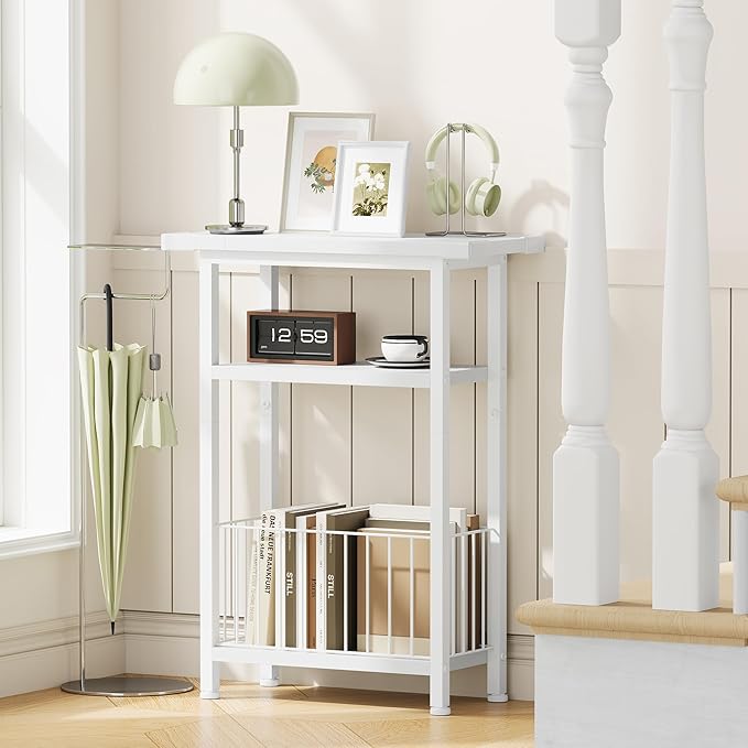 Heybly Small Narrow Side Table for Small Space, Thin Bedside Table with Storage Basket, Skinny End Table, 25.2" Tall Nightstand, Couch Table for Living Room, Bedroom, Study, Kitchen, White, HET004WT1