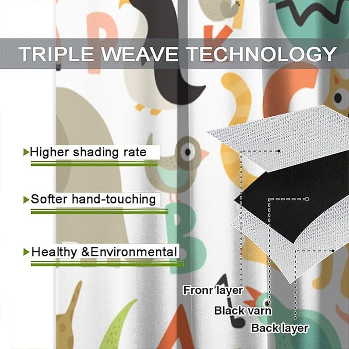 Alphabet Curtains，Cute Cartoon Animals English Pattern Blackout Print Window Drapes for Bedroom Living Room 63x72 Inch