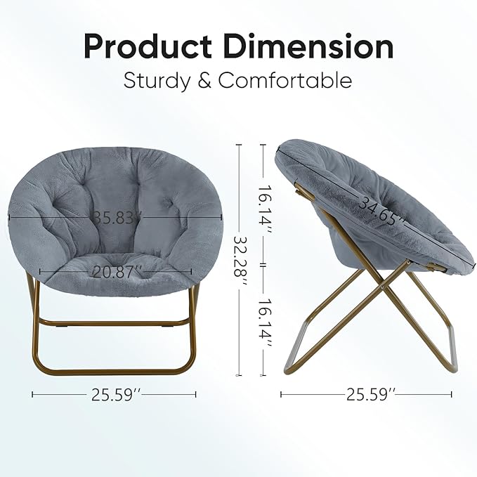 DUMOS Comfy Saucer Chairs Cozy Faux Fur Soft Lounge Cute Folding Bedroom Living Room Seat Flexible Reading Foldable Seating for Kids Adults Thick Padded Metal Frame Modern for Home Office Classic Gray