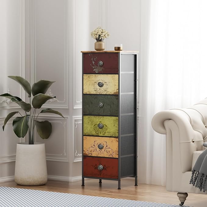 Tall Dresser with 6 Drawers, Pattern Storage Drawer Units, Storage Tower Units, Fabric Dresser Nightstand for Bedroom, Hallway, Entryway, Closets, Dorm