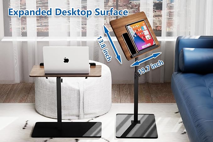 C Shaped End Table,20" W x 14" L,17"-31" Adjustable Height,Swivel and Turnable Desktop,Foldable Side Table for Small Spaces,Black Walnut (Black Walnut, 19.7" x 13.8")