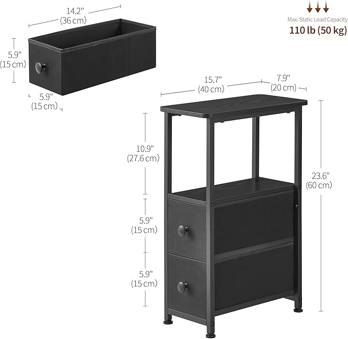End Table, Narrow Side Table with 2 Fabric Drawers, Slim Nightstand, Small Bedside Table with Storage, Living Room, Bedroom, Black HKET1200BK