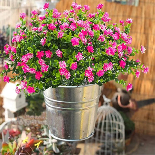 10 Bundles Artificial Fake Flowers, Faux Outdoor Plastic Plants UV Resistant Shrubs Outside Indoor Decorations (Pink-Eucalyptus)