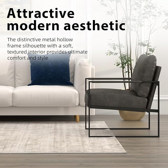 INZOY Leather Accent Chair with Metal Frame Set of 2, Comfy Living Room Chair with Plump Backrest and Cushion, Mid Century Modern Chair with Sturdy Structure, Easy to Clean, Dark Grey