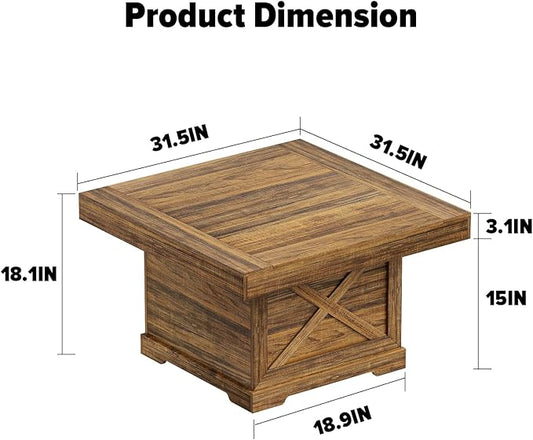 Coffee Table 31.5 in Rustic Center Table with X Design Wooden Pedestal for Living Room, Small Square Home Office Tea Accent Table for Dining Room Apartment, Walnut