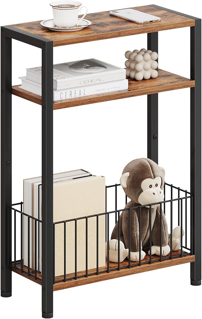 Narrow Side Table with Storage Basket, Small End Table for Small Spaces, Slim Sofa Table for Living Room, 3 Tier Bedside Table for Bedroom, Rustic Brown