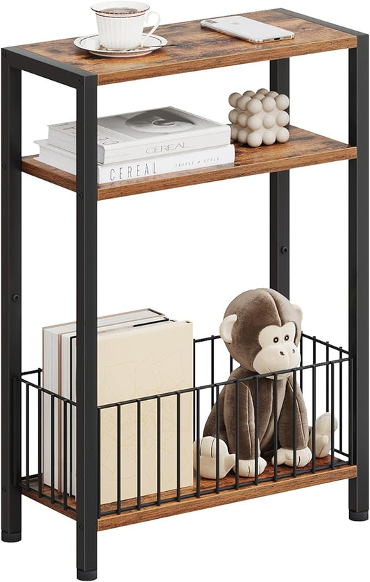 Narrow Side Table with Storage Basket, Small End Table for Small Spaces, Slim Sofa Table for Living Room, 3 Tier Bedside Table for Bedroom, Rustic Brown