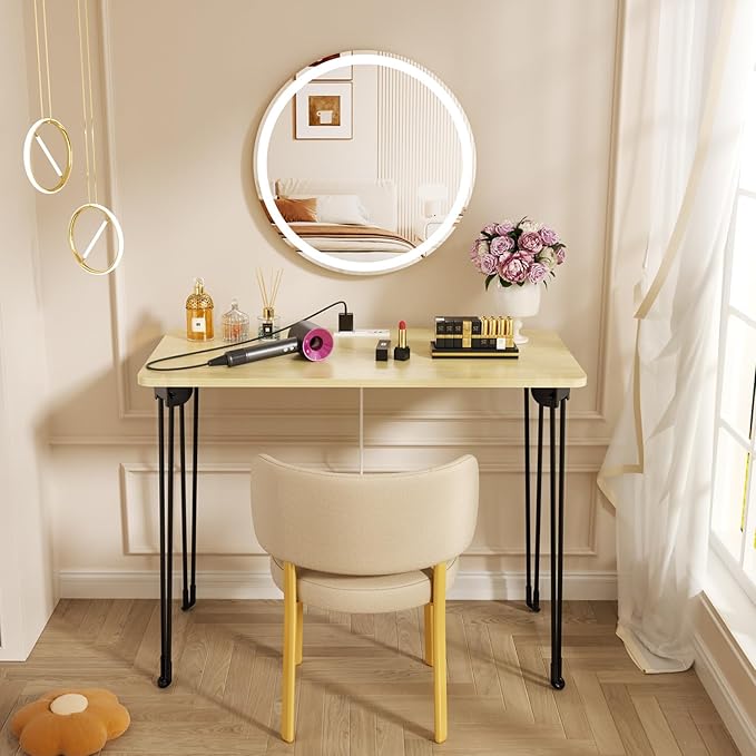 Folding Desk, 31.5" Hairpin Legs Small Desk with Power Strip for Bedroom, Space Saving Foldable Computer Desk for Home Office, No Assembly Need,Beige