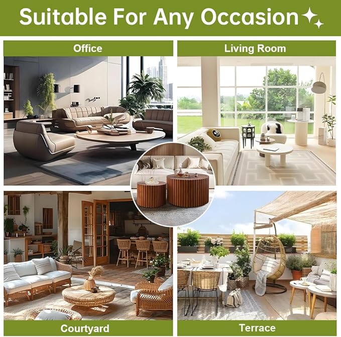 Round Nesting Coffee Table Set of 2 Small Round Coffee Tables for Living Room Modern Fluted Coffee Table Circular End Table Side Table for Small Spaces No Assembly (Brown, 27 in)