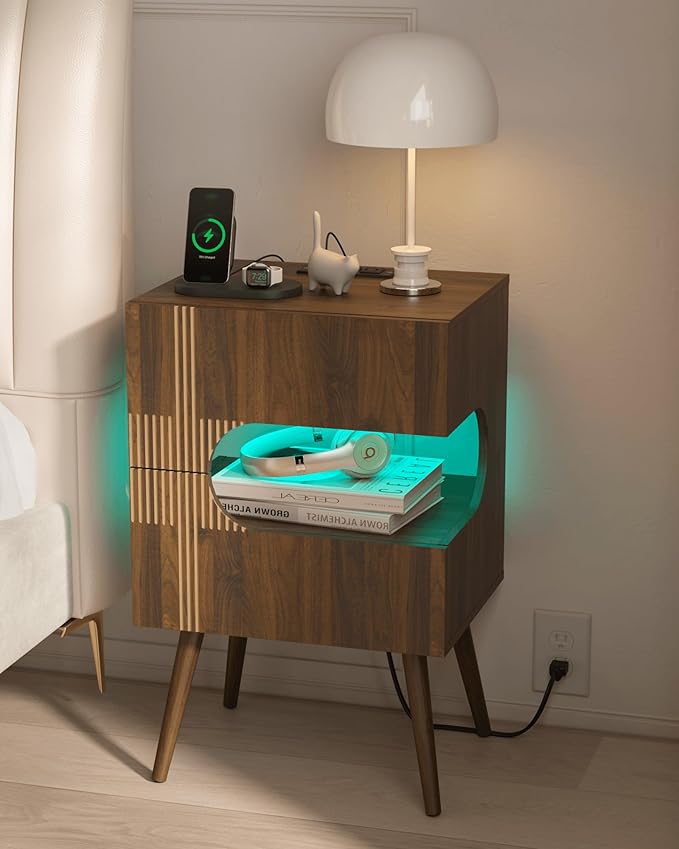 Nightstand with Charging Station and LED Lights,Modern Bedside Table with 2 Storage Drawer,Night Stand with Solid Wood Legs,White (Walnut Brown)