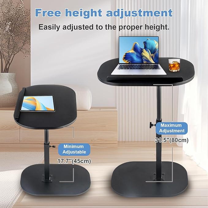 Side Table TV Tray for Couch,90° Tiltable TV Tray Table Height Adjustable 360° Swivel C Shaped End Table for Small Spaces,Bedside Bathroom Living Room(Walnut Color) (Tiltable Black)
