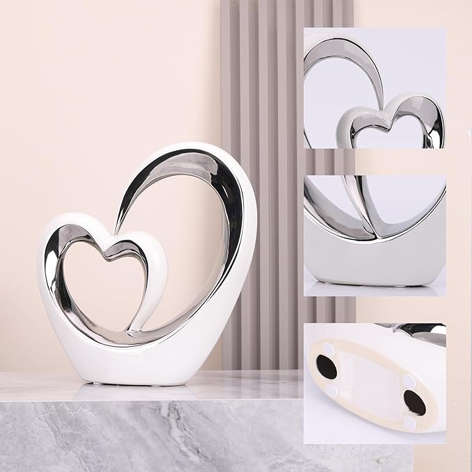 LCCCK Porcelain Double Heart Decor,White and Silver Sculpture Home Decor for Living Room Entryway Coffee Dining Table Shelves, Wedding Anniversary, Valentine's Gift for Couples & Lovers Modern