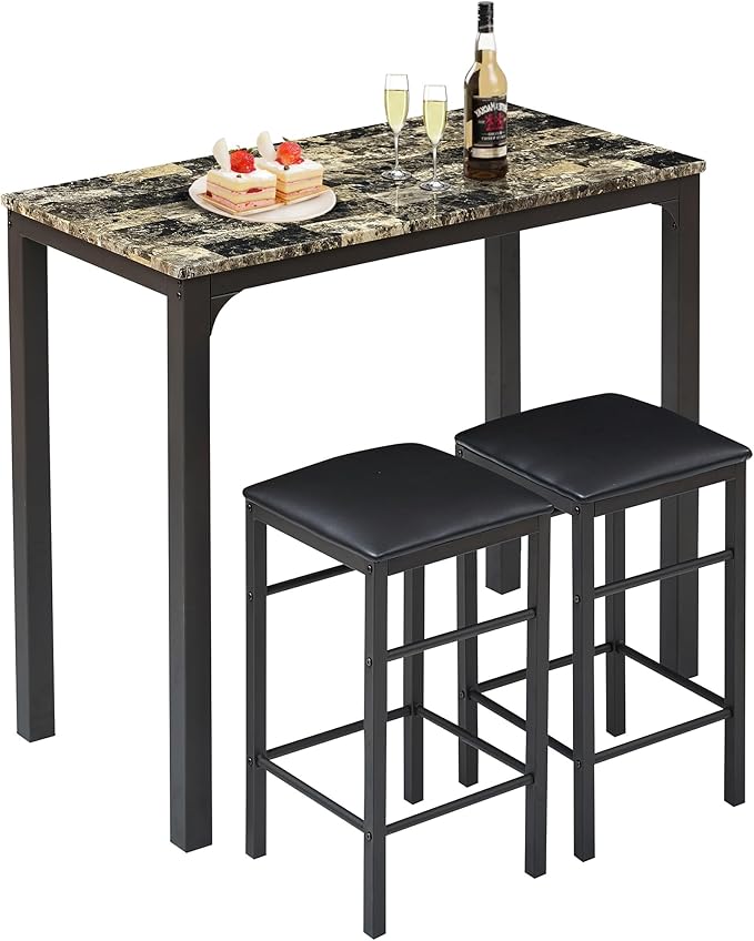 VECELO Dining Table Set with 2 Stools,3 Piece Counter Height for Kitchen, Living Room, Small Apartment