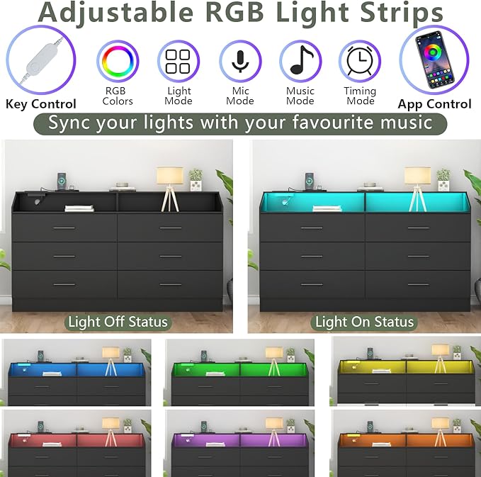 6 Drawer Dresser with Power Outlet, Chest of Drawers with LED Light, Modern Dresser with Open Storage Cubby, Double Wide Dressers Organizer for Bedroom, Living Room, Entryway, Hallway