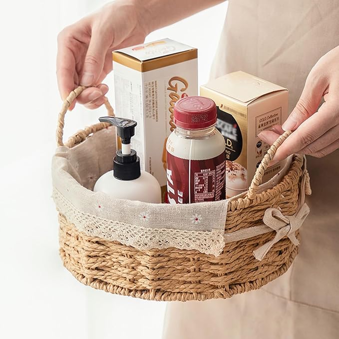 GIB Small Wicker Storage Baskets for Organizing, Decorative Woven Baskets with Handles & Liners, Boho Paper Rope Round Serving Baskets Trays for Shelves, Table, Gifts, Set of 2