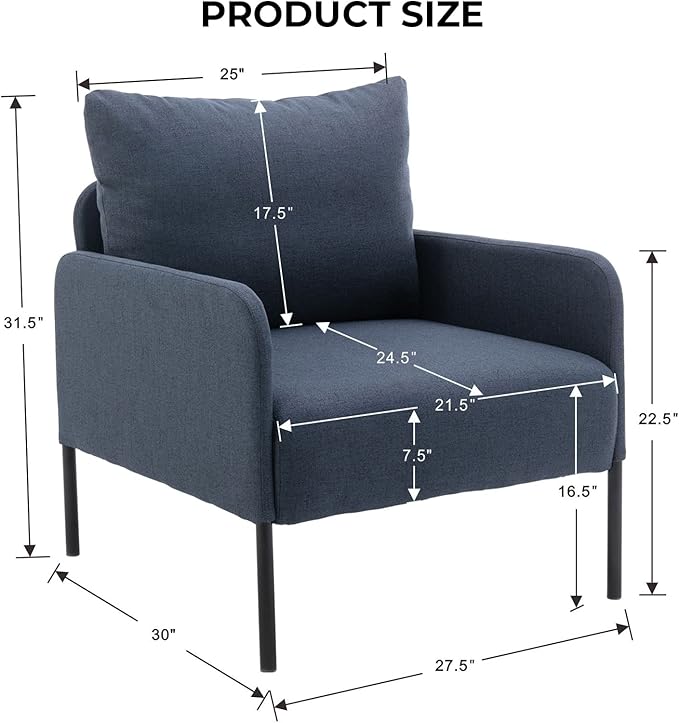 Linen Fabric Living Room Accent Chairs Bedroom Single Sofa Chair, Upholstered Reading Arm Chair Modern Couch w/Comfy Pillow for Waiting Room/Apartment/Dorm, Blue