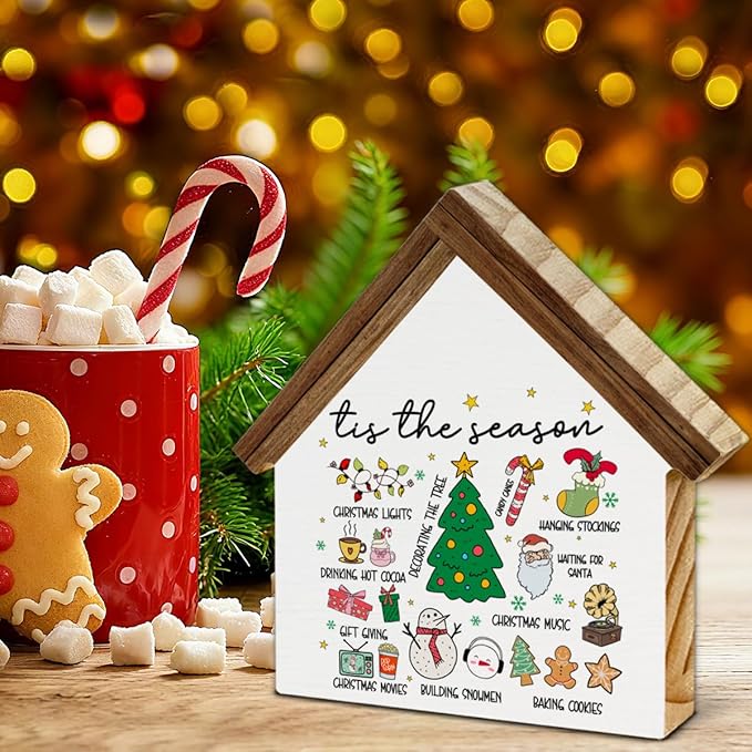 Christmas Home Decor, Xmas Tis the Season House Shaped Wood Block Sign Santa Gingerbread Hot Cocoa Decor, Christmas Holiday Home Living Room Decorations for Desk Table Shelf
