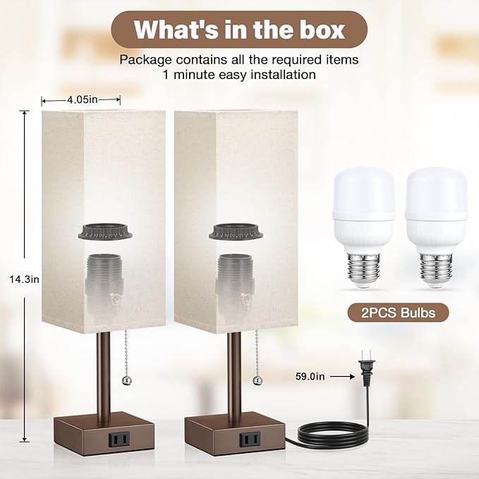Bedside Lamps for Bedroom Set of 2 - Small Rectangular Nightstand Lamp with USB A C Charging Port, 3 Color Temperatures Desk Light with Bulb, Brown Tabletop Reading Lamp for Living Room/Dorm/Office