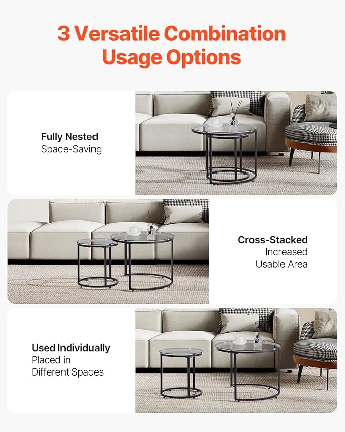 VEVOR Nesting Tables, Glass Coffee Table Set of 2, 23.6 inch Round Coffee Table, Small Coffee Tables Night Stand with Metal Frame, for Living Room, Bedroom, Office