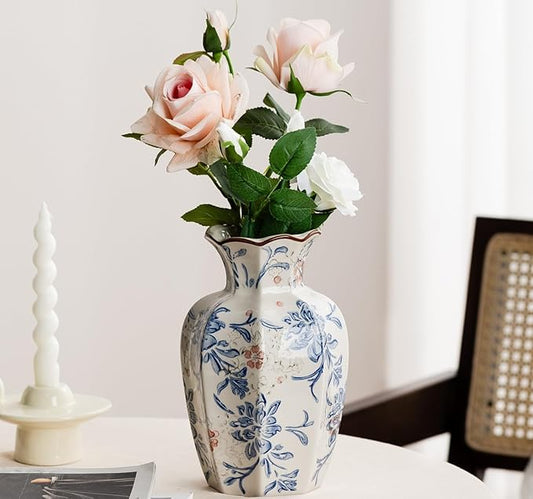 Blue and White Vase, Vintage Blue Ceramic Flower Vessel,Ceramic vases for Home Decor,Vintage Green and Beige for Console Table Mantle Chinoiserie Decor (Blue and White-02, Large)