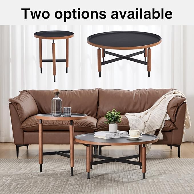 DUOMAY Modern Round Wood Side Table, 19.5'' Wide End Table with T-Shaped Metal Base, Round Tubular Iron Legs Covered with Rubber Wood for Living Room, Lounge, Office, Apartment, Black