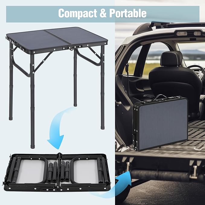 REDCAMP Small Camping Table 2ft, Portable Aluminum Folding Table Adjustable Height Lightweight for Picnic Beach Outdoor Indoor, Gray