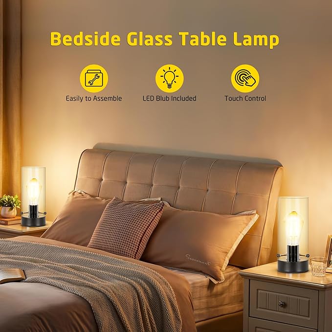Touch Table Lamp for Bedroom, Modern Glass Lamp Bedside Table Lamps for Night Stands with 2700K 6W Glass Bulb,Small Night Light Lamps for Living Room Kids Office Desk Decor Black