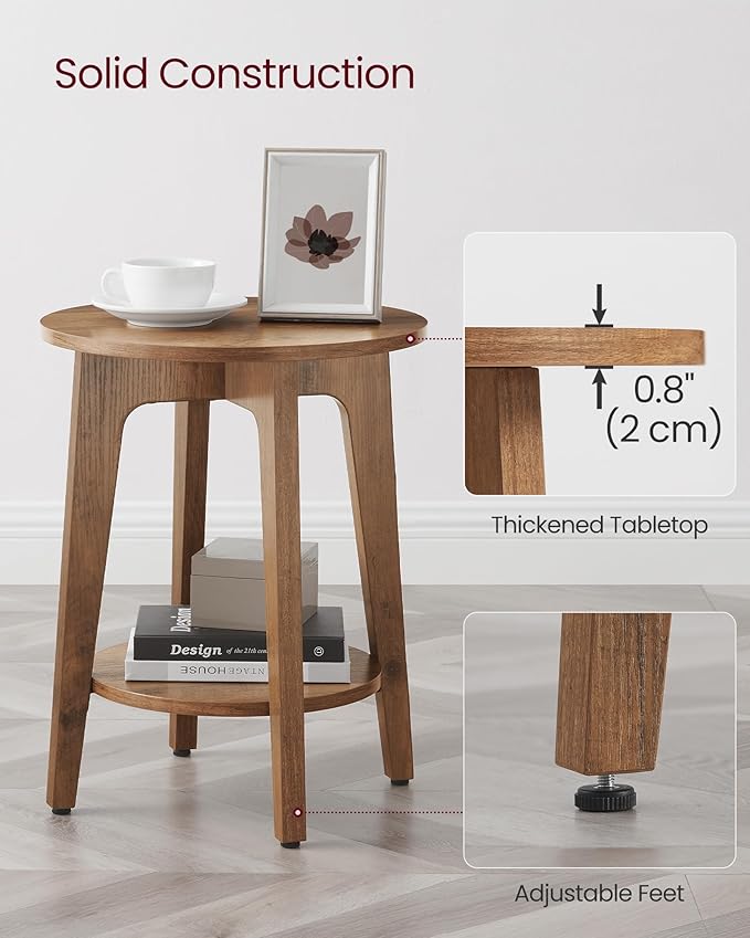 VASAGLE MAEZO Collection - Set of 2 Side Tables, 2-Tier Small Round End Tables, Nightstands with Tapered Legs, Curved Transitions, for Small Spaces, Living Room, Bedroom, Rustic Walnut ULET289K01