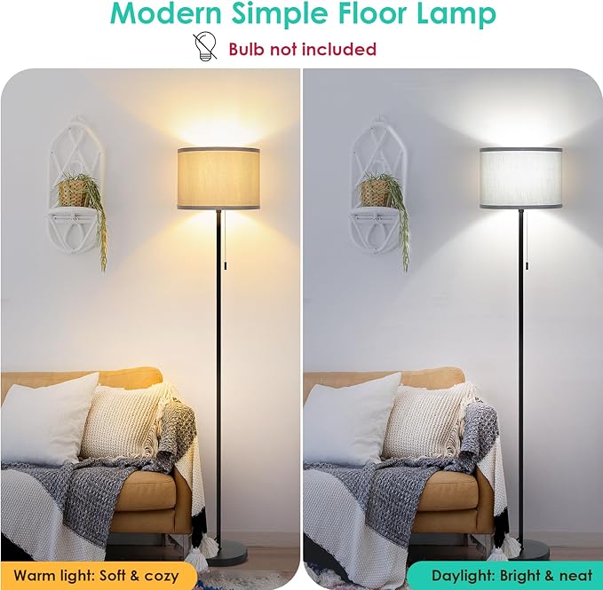 FOLKSMATE Floor Lamp for Living Room, Modern LED Simple Standing Lamp, Minimalist Tall Light for Bedroom, Office, Kids Room, Reading, Black Pole With Grey Shade, Without Bulb