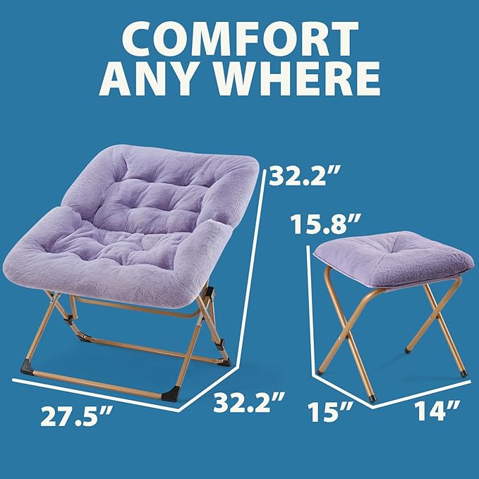 OAKHAM Comfy Chair for Adults, Soft Faux Fur Folding Lounge for Bedroom Living Room Dorm Rooms Flexible Reading Chair for Teens Kids, X-Large Foldable (Ottoman-Lavender)