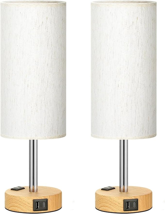 Fenmzee Small Touch Table Lamps Set of 2-3-Way Dimmable, USB A + C Charging, AC Outlet, Wood Grain Base, Bulbs Included
