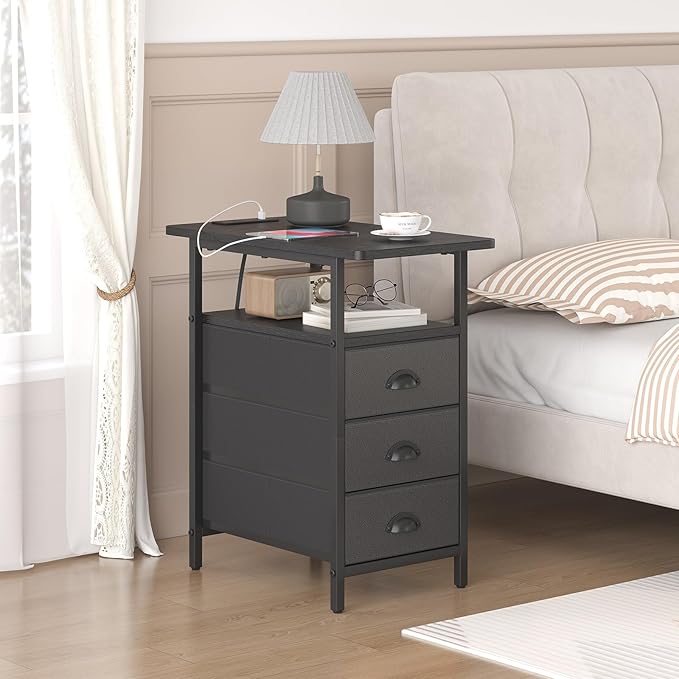 End Table with Charging Station, Side Tables Livingroom with USB Ports and Outlets,Narrow Nightstands Bedside Tables with 3 Drawers PU Finish for Small Space,Slim Sofa Table Bedroom,Black
