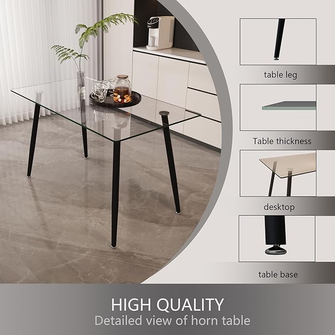 Glass Dining Table, 51'' Rectangle Dining Room Table,Modern Kitchen Table with Tempered Glass Tabletop and Metal Leg,Dining Table for 4 Suitable Kitchen Dining Living Meeting Room