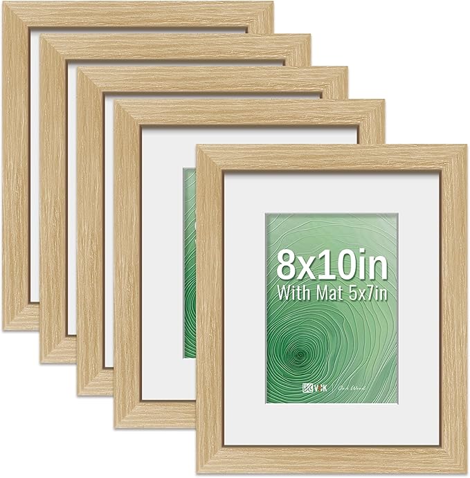 VCK 8x10 Picture Frame 5 Pack - Natural Oak, High-End Wood Poster Frames with Tempered Glass, Display 5x7 Photo with Mat or 8x10 without Mat, Art Gallery-Quality, Wall Hanging/Tabletop, Natural Oak